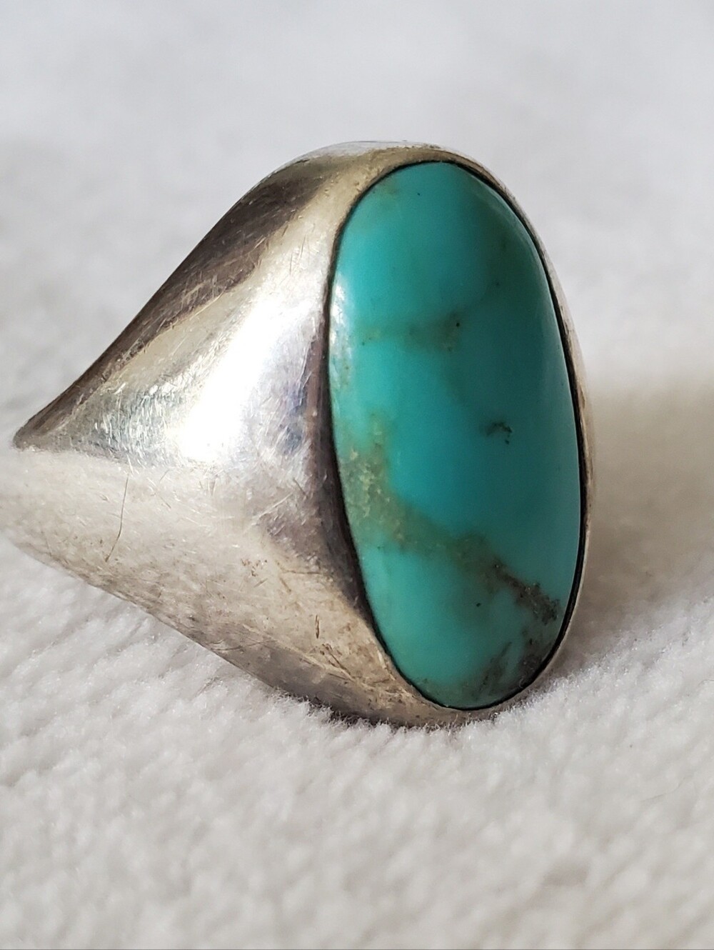 VTG Turquoise Oval Stone 925 Sterling Statement Ring Unisex Modernist Size 9/10